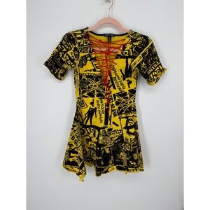 Current Mood Mini Dress Womens Small Yellow Newsprint Lace Up Punk ACM16002